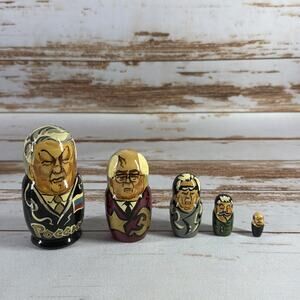 VTG Russian Soviet Leaders Matryoshka Nesting Dolls Set of 5 Hand Painted 3.625”